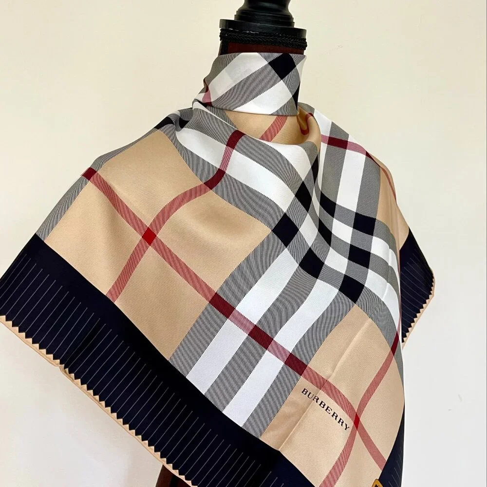 New Burberry Scarf House Check Beige Black Border Silk Scarf Wrap - Picture 10 of 14